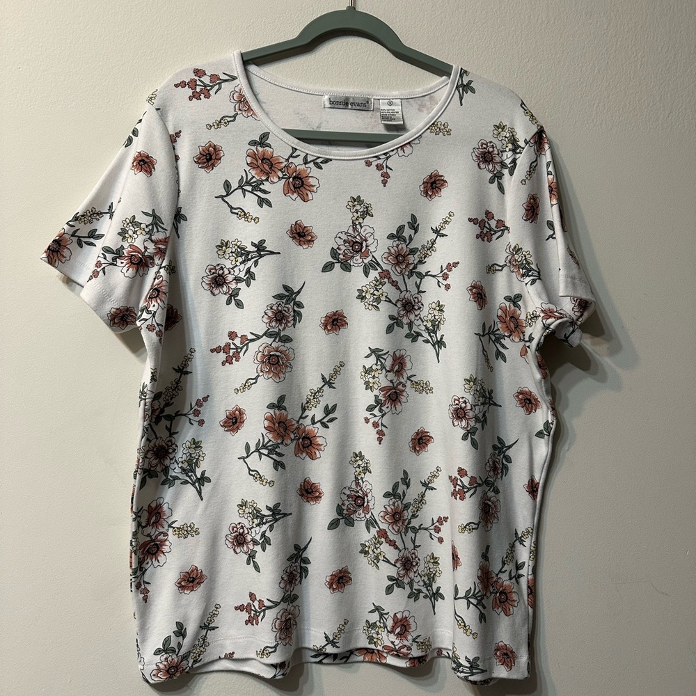 bonnie evans White Floral Knit Short Sleeve Blouse Women's Plus Size 1X
